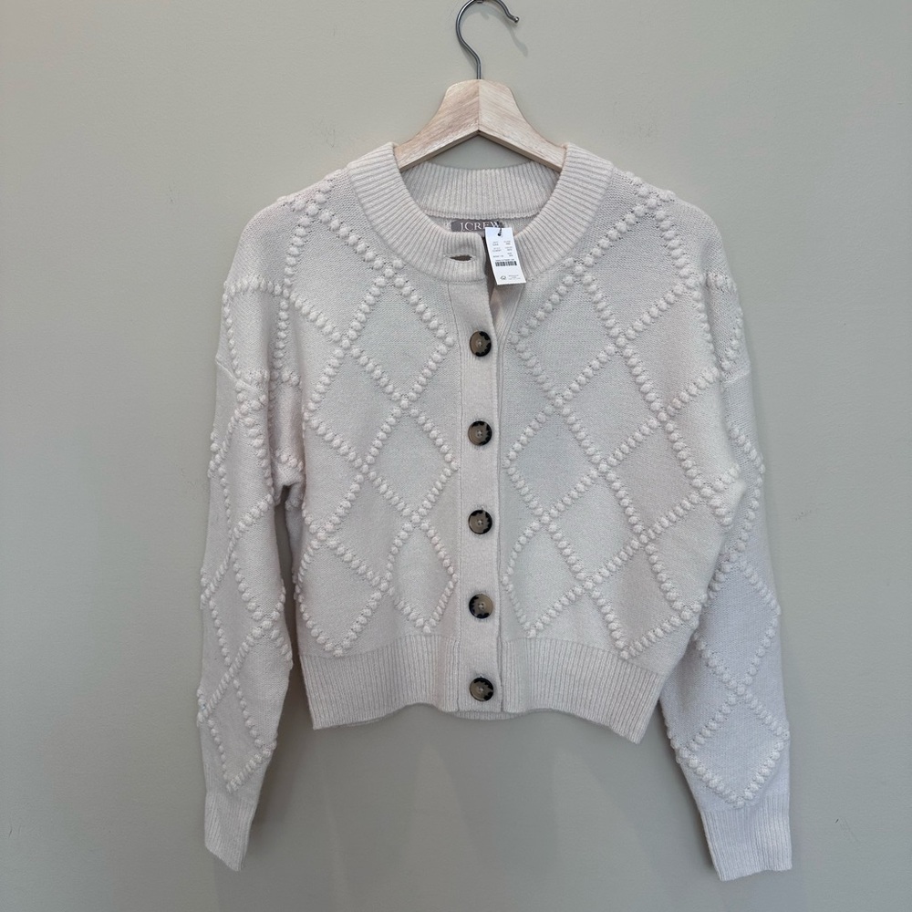 J. Crew Cream Diamond-Pointelle Button Cardigan